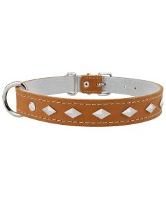 Obroża dla psa Champion skórzana zdobienie romb - 30 x 1 cm - Koniak