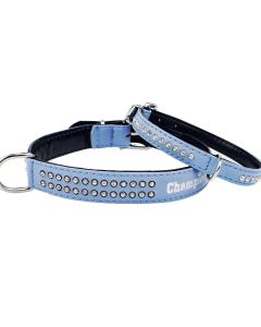 Obroża dla psa Champion eko skóra  + cyrkonie - 35 x 1,2 cm - Niebieska